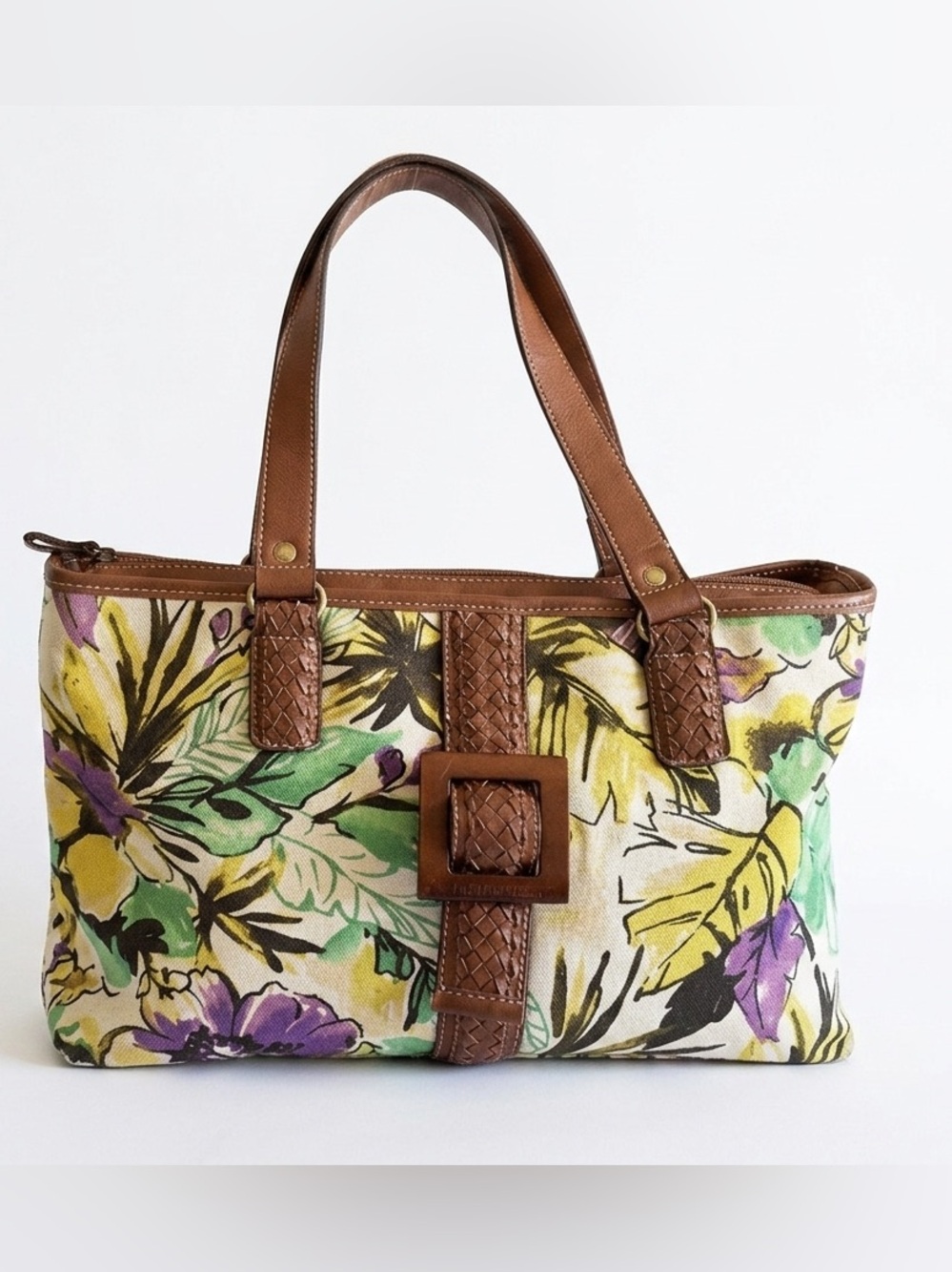 Caribbean Joe Tropical Floral Canvas Shoulder Tote Weekender Bag EUC